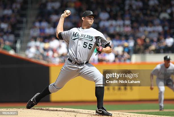 Josh Johnson of the Florida Marlins pitches against the New York Mets during their Opening Day Game at Citi Field on April 5, 2010 in the Flushing...