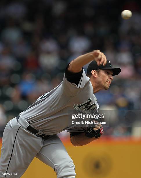 Josh Johnson of the Florida Marlins pitches against the New York Mets during their Opening Day Game at Citi Field on April 5, 2010 in the Flushing...