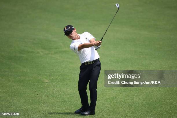 Choi Min-Chul of South Korea plays a tee shot on the 5th hole during the final round of the Kolon Korea Open Golf Championship at Woo Jeong Hills...