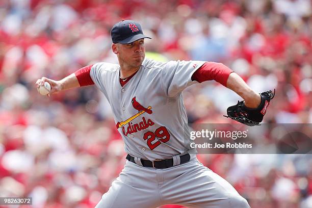 Chris Carpenter of the St. Louis Cardinals pitches against the Cincinnati Reds at the Great American Ball Park on March 5, 2010 in Cincinnati, Ohio.