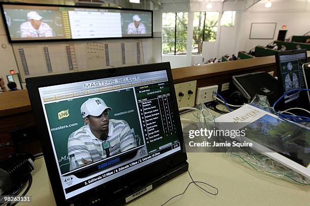 Tiger Woods press conference is viewed in the media center by members of the media prior to the 2010 Masters Tournament at Augusta National Golf Club...