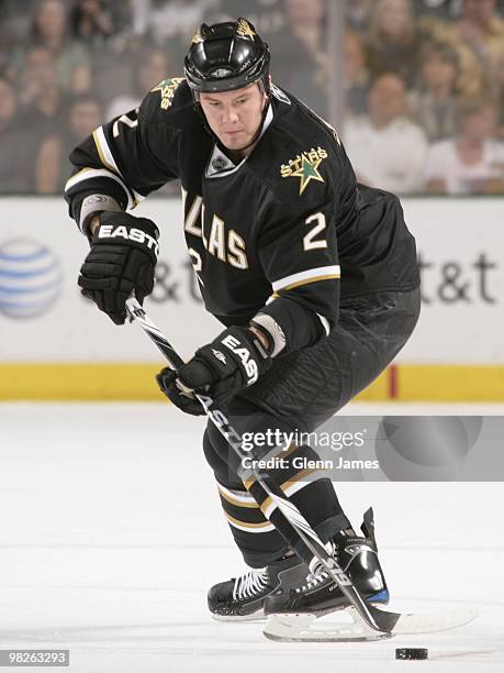 Nicklas Grossman of the Dallas Stars skates against the Edmonton Oilers on April 2, 2010 at the American Airlines Center in Dallas, Texas.