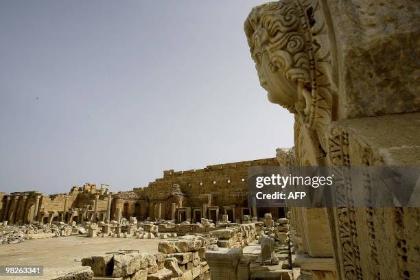 Partial view shows the main courtyard at the historical site of Leptis Magna, listed as World Heritage, in the Libyan coastal city of Lebda on March...