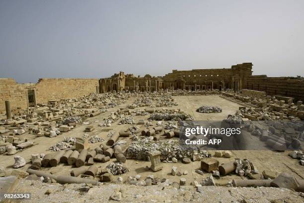 Genral view shows the Roman ruins of Leptis Magna, listed as World Heritage, in the Libyan coastal city of Lebda on March 30, 2010. The anicent ruins...