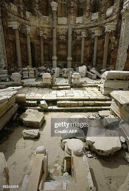 Partial view shows the main courtyard at the historical site of Leptis Magna, listed as World Heritage, in the Libyan coastal city of Lebda on March...