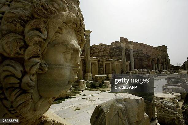 Partial view shows the Roman ruins of Leptis Magna, listed as World Heritage, in the Libyan coastal city of Lebda on March 30, 2010. The anicent...