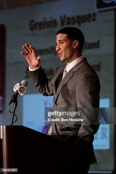 Greivis Vasquez, formerly a senior guard at the University of Maryland, speaks after being named the winner of the 2010 Bob Cousy Award presented by...