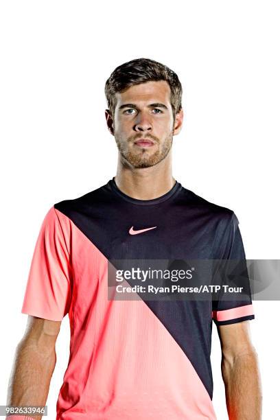 Karen Khachanov of Russia poses for portraits during the Australian Open at Melbourne Park on January 12, 2018 in Melbourne, Australia.