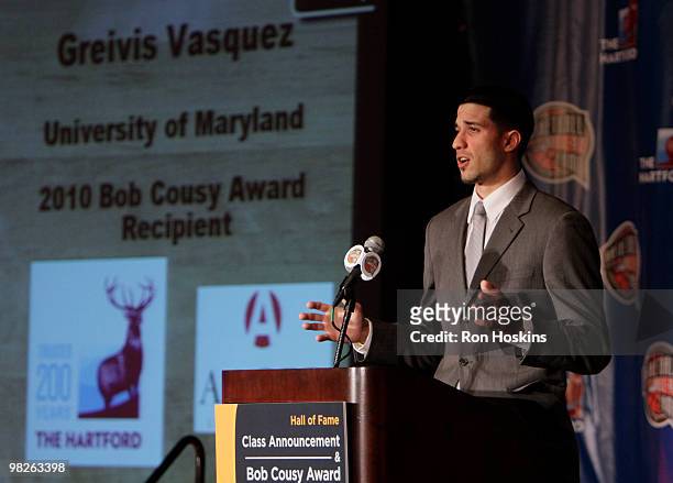 Greivis Vasquez, formerly a senior guard at the University of Maryland, speaks after being named the winner of the 2010 Bob Cousy Award presented by...