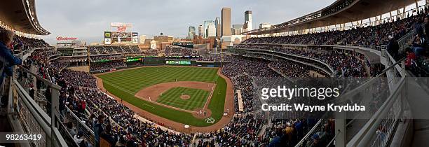 An interior panoramic view of Target Field during the game between the St. Louis Cardinals and the Minnesota Twins on April 2, 2010 at Target Field...
