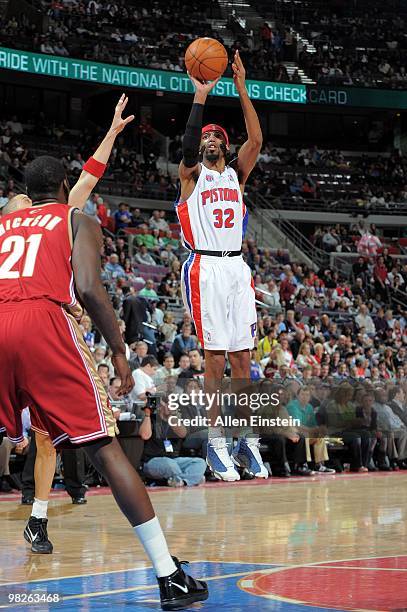 Richard Hamilton of the Detroit Pistons shoots a jump shot during the game against the Cleveland Cavaliers at the Palace of Auburn Hills on March 16,...