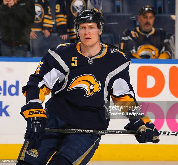 Toni Lydman of the Buffalo Sabres skates against the Florida Panthers on March 31, 2010 at HSBC Arena in Buffalo, New York.