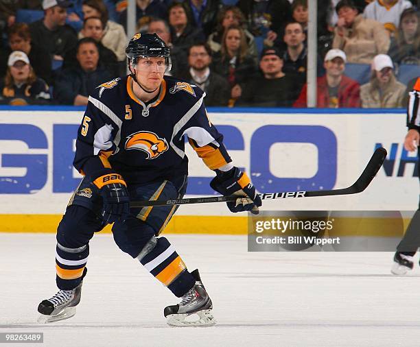 Toni Lydman of the Buffalo Sabres skates against the Florida Panthers on March 31, 2010 at HSBC Arena in Buffalo, New York.