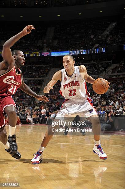 Tayshaun Prince of the Detroit Pistons looks to make a move against J.J. Hickson of the Cleveland Cavaliers during the game at the Palace of Auburn...