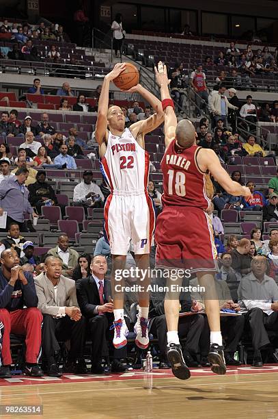 Tayshaun Prince of the Detroit Pistons shoots a jump shot over Anthony Parker of the Cleveland Cavaliers during the game at the Palace of Auburn...