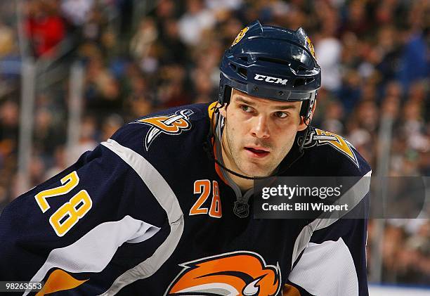 Paul Gaustad of the Buffalo Sabres waits for a faceoff against the Florida Panthers on March 31, 2010 at HSBC Arena in Buffalo, New York.