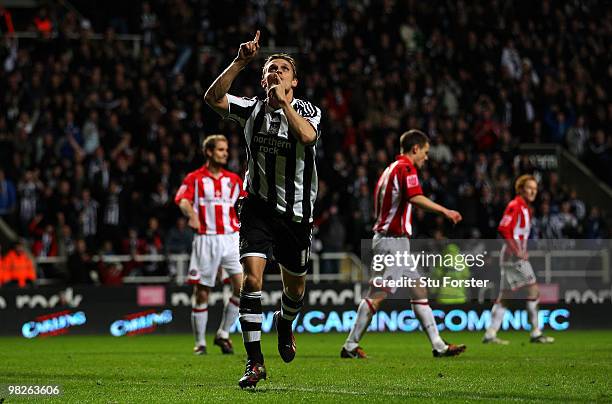 Newcastle United striker Peter Lovenkrands celebrates after scoring from the penalty spot during the Coca-Cola Championship game between Newcastle...