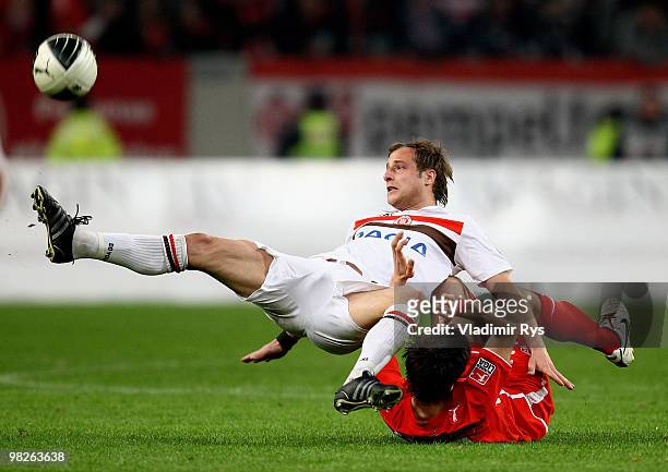 Matthias Lehmann of St. Pauli and Martin Harnik of Fortuna battle for the ball during the Second Bundesliga match between Fortuna Duesseldorf and FC...