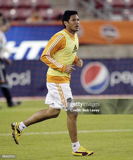 Forward Brian Ching of the Houston Dynamo warms up prior to a match against Real Salt Lake at Robertson Stadium on April 1, 2010 in Houston, Texas.