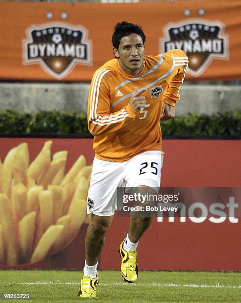 Forward Brian Ching of the Houston Dynamo warms up prior to a match against Real Salt Lake at Robertson Stadium on April 1, 2010 in Houston, Texas.