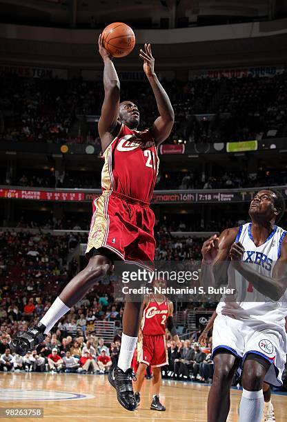 Hickson of the Cleveland Cavaliers goes up for a shot against Samuel Dalembert of the Philadelphia 76ers during the game at Wachovia Center on March...