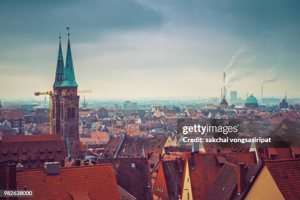 high angle view of townscape against sky at nuremberg city, germany - nürnbergpanorama stock-fotos und bilder