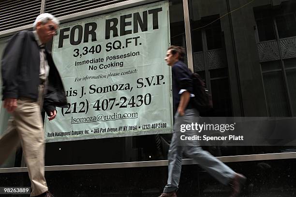 Sign advertises space available in an office building in the financial district on April 5, 2010 in New York City. Office vacancy rates have hit...