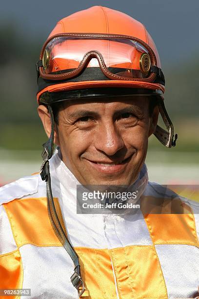 Jockey Victor Espinoza smiles after riding Pincelada to victory in the Grey Goose on April 3, 2010 at Santa Anita Race Track in Arcadia, California.