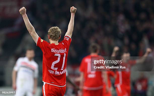 Johannes van den Bergh celebrates after winning the Second Bundesliga match between Fortuna Duesseldorf and FC St. Pauli at Esprit Arena on April 5,...