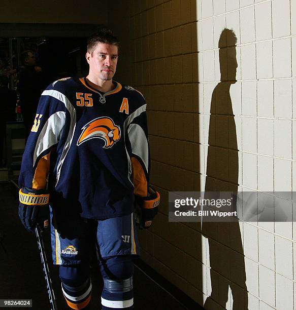 Jochen Hecht of the Buffalo Sabres heads off the ice after warming up to play the Tampa Bay Lightning on March 27, 2010 at HSBC Arena in Buffalo, New...