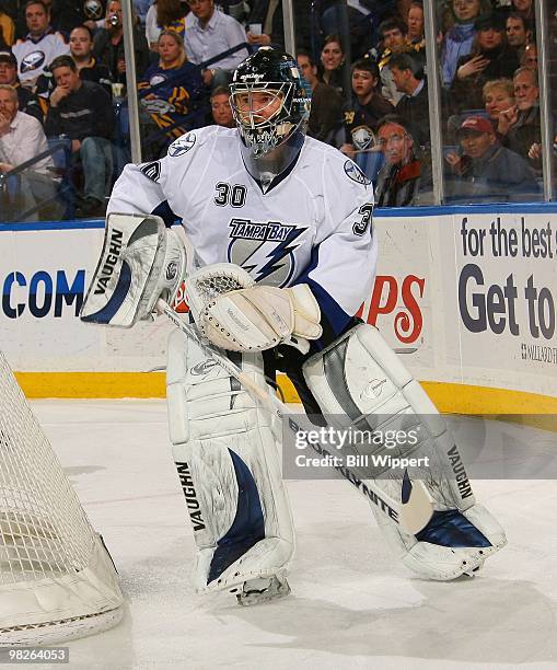 Goaltender Antero Niittymaki of the Tampa Bay Lightning passes the puck against the Buffalo Sabres on March 27, 2010 at HSBC Arena in Buffalo, New...