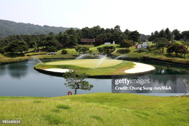 The general view of the 13th hole during the final round of the Kolon Korea Open Golf Championship at Woo Jeong Hills Country Club on June 24, 2018...