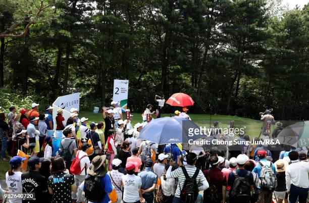 Choi Min-Chul of South Korea plays a tee shot on the 2nd hole during the final round of the Kolon Korea Open Golf Championship at Woo Jeong Hills...