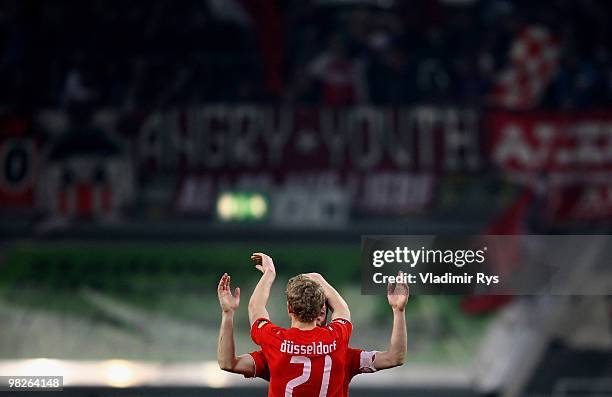 Johannes van den Bergh and Andreas Lambertz of Fortuna celebrate after winning the Second Bundesliga match between Fortuna Duesseldorf and FC St....