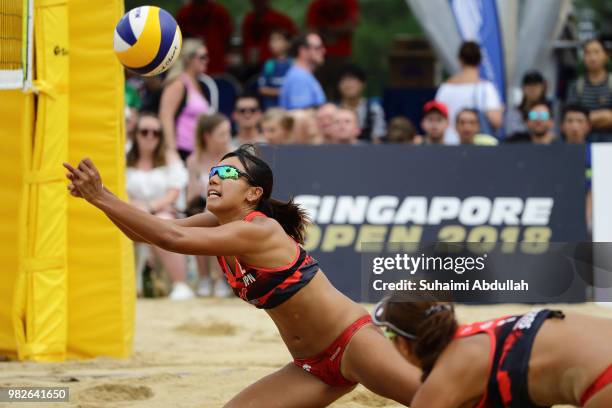 Chiyo Suzuki and Reika Murakami of Japan in action during the main draw final 1st place women's match against Takemi Nishibori and Ayumi Kusano of...