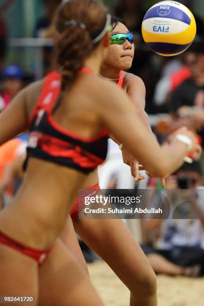 Chiyo Suzuki and Reika Murakami of Japan in action during the main draw final 1st place women's match against Takemi Nishibori and Ayumi Kusano of...