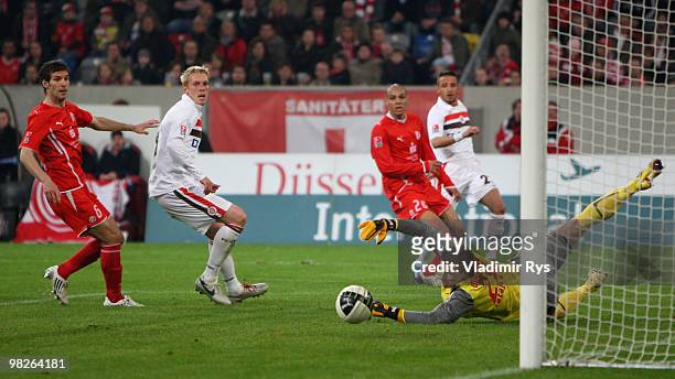 Goalkeeper Michael Ratajczak of Fortuna looks after the ball during the Second Bundesliga match between Fortuna Duesseldorf and FC St. Pauli at...