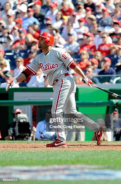 Placido Polanco of the Philadelphia Phillies hits a grand slam home run in the seventh inning against the Washington Nationals on Opening Day at...