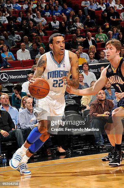 Matt Barnes of the Orlando Magic drives to the basket past Troy Murphy of the Indiana Pacers during the game on January 20, 2010 at Amway Arena in...