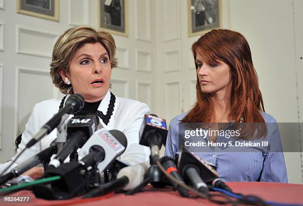 Attorney Gloria Allred and porn star Veronica Siwik-Daniels react to Tiger Woods news conference at the New York Friars Club on April 5, 2010 in New...