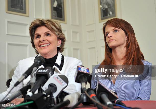 Attorney Gloria Allred and porn star Veronica Siwik-Daniels react to Tiger Woods news conference at the New York Friars Club on April 5, 2010 in New...