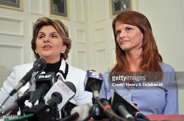Attorney Gloria Allred and porn star Veronica Siwik-Daniels react to Tiger Woods news conference at the New York Friars Club on April 5, 2010 in New...