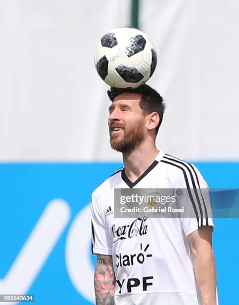 Lionel Messi of Argentina warms up during a training session at Stadium of Syroyezhkin sports school on June 24, 2018 in Bronnitsy, Russia.