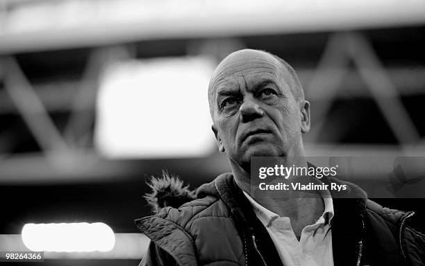 St. Pauli president Corny Littmann looks on ahead the Second Bundesliga match between Fortuna Duesseldorf and FC St. Pauli at Esprit Arena on April...