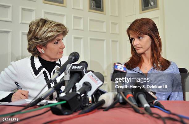 Attorney Gloria Allred and porn star Veronica Siwik-Daniels react to Tiger Woods news conference at the New York Friars Club on April 5, 2010 in New...