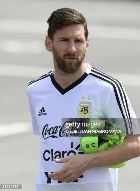 Argentina's forward Lionel Messi arrives for a training session at the team's base camp in Bronnitsy, near Moscow, Russia on June 24, 2018 ahead of...