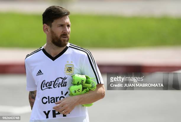 Argentina's forward Lionel Messi arrives for a training session at the team's base camp in Bronnitsy, near Moscow, Russia on June 24, 2018 ahead of...