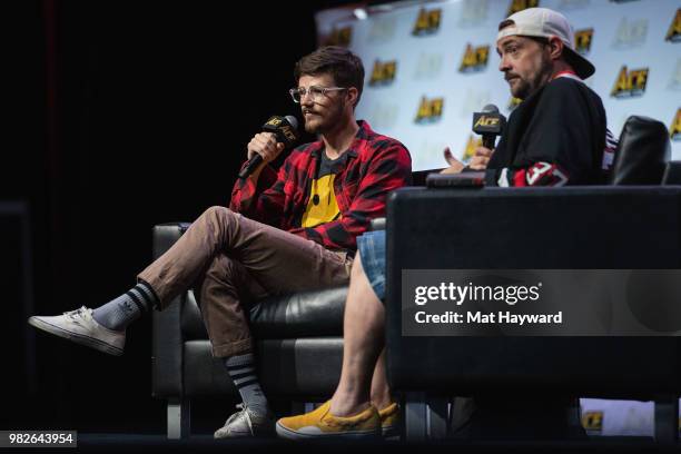 Actor Grant Gustin and Kevin Smith speak on stage during ACE Comic Con at WaMu Theatre on June 23, 2018 in Seattle, Washington.