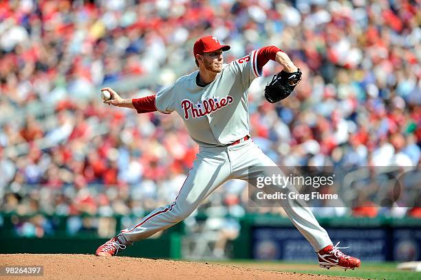 Roy Halladay of the Philadelphia Phillies pitches against the Washington Nationals on Opening Day at Nationals Park on April 5, 2010 in Washington,...