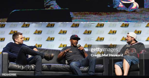 Sebastian Stan, Anthony Mackie and Kevin Smith speak on stage during a Civil War Cast conversation at ACE Comic Con at WaMu Theatre on June 23, 2018...